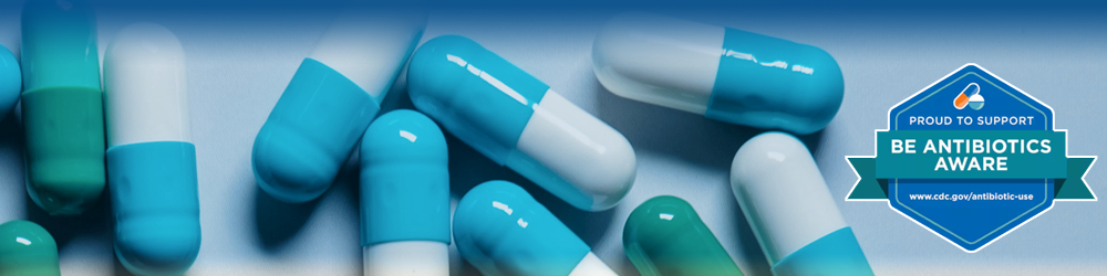 Medicine capsules and Be Antibiotics Aware logo