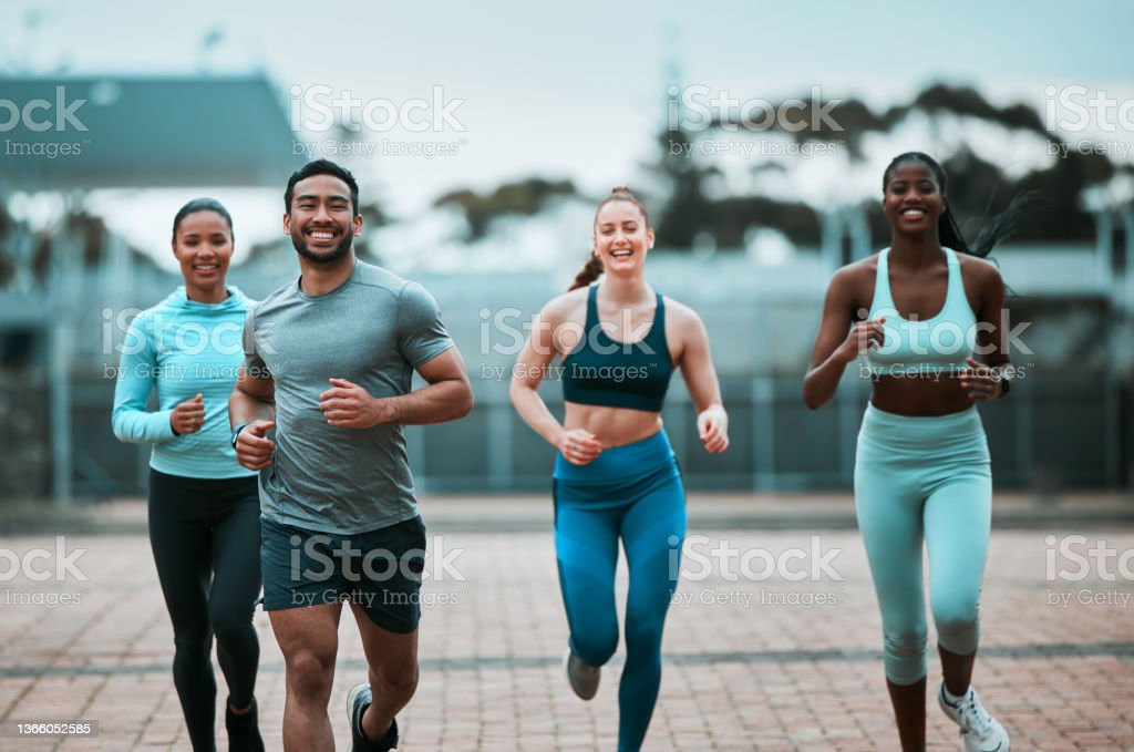 A group of people running.