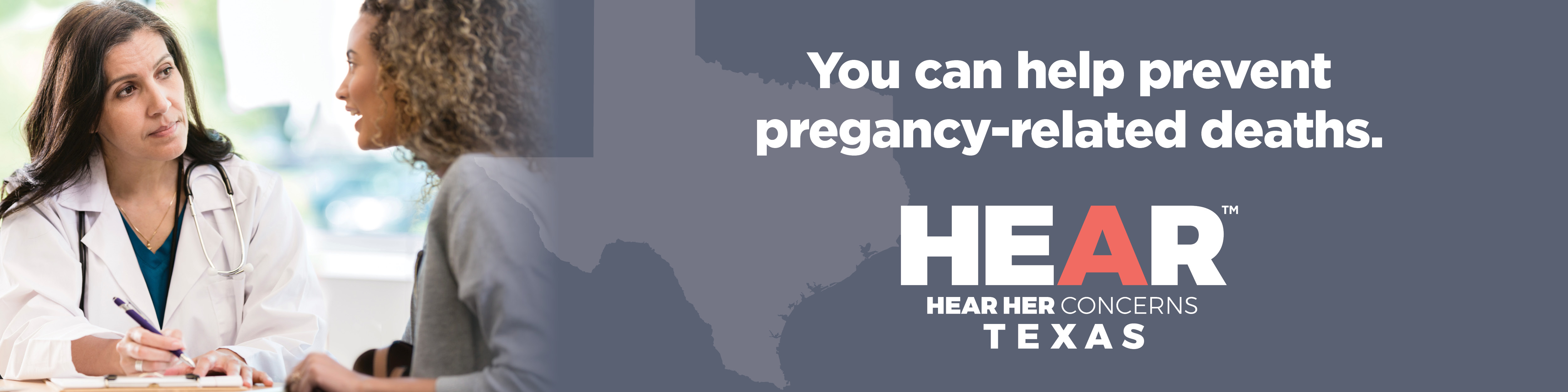 TX DSHS Website Banner. Health Care Professional talking to a woman. You can help prevent pregnancy-related deaths. 