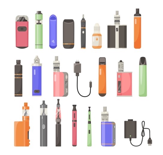 Multiple images of different types of e-cigs