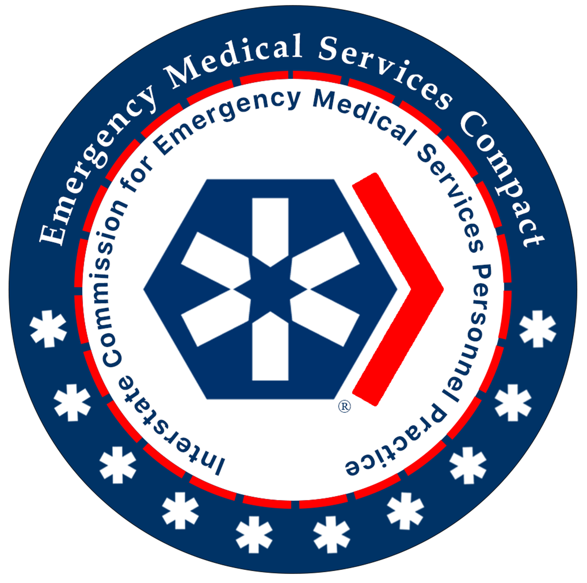 Blue and red circle with a star in the center and text that says "Emergency Medical Services Compact: Interstate Commission for Emergency Medical Services Personnel Practice"