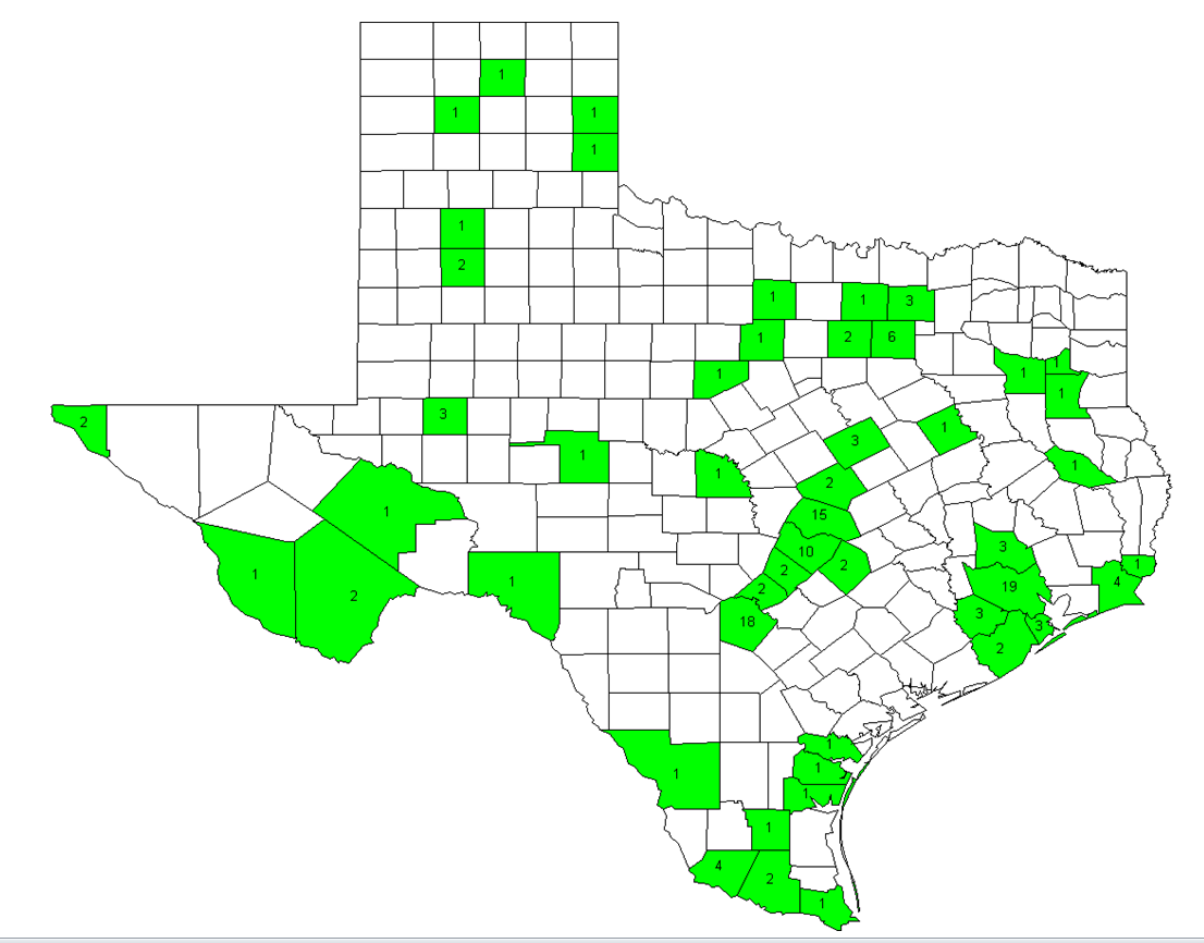 Figure 3.  Number of active Texas participants per county in the US Outpatient Influenza-like Illness Surveillance Network, 2012–13 influenza season