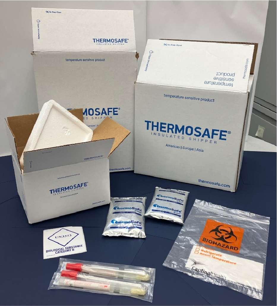 Example of supplies provided to submitters by the AR Lab, including swabs, ice packs.png