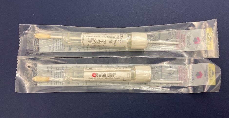 An overhead image of two sealed unopened ESwab Collection Kit for Candida clinical specimen collection.jpg