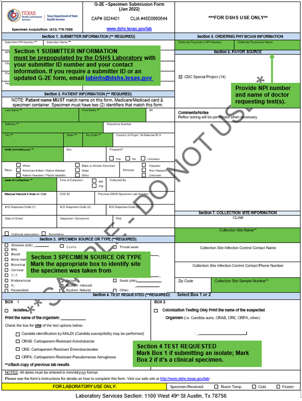 Sample G-2E Submission Form Showing Required Fields* (CRO and Candida sp. Specimens)