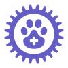 Icon of a paw print inside a purple gear shape