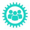 Icon of three people inside a teal gear shape