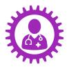Icon depicting a health official inside a violet gear shape
