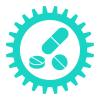 Icon of medication inside a teal gear shape