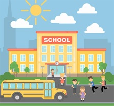 School with school bus and kids - clipart