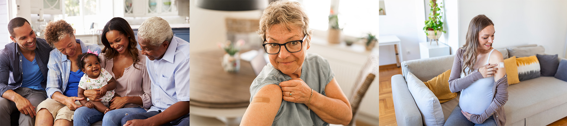 Collage of 3 photos - family with baby, vaccinated, older woman, vaccinated pregnant woman