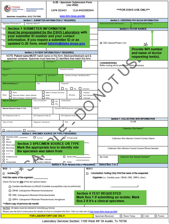 "A sample G-2E Specimen Submission Form showing the sections that must be completed for acceptability. Sections 1, 2, 3, 4, 5, and 7 have fields that are highlighted in green to indicate information that MUST be provided by submitters for specimen acceptability. "