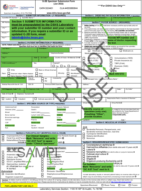 "A sample G-2B Specimen Submission Form showing the sections that must be completed for acceptability. Sections 1, 2, 3, 4, 6, and 7 have fields highlighted in green to indicate information that MUST be provided by submitters for specimen acceptance."