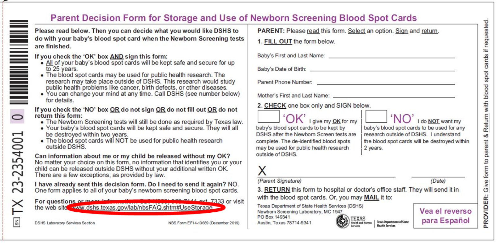 "Correct Website to Parent Decision Form for Storage and Use of  Newborn Screening Blood Spot Cards Information "