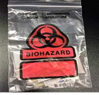 "A closed, resealable, transparent plastic bag lays on a table top. Two specimen tubes and an absorbent pad are inside the bag. A large orange "Biohazard" symbol is stamped on one side of the bag. Above the symbol the words  "Frozen", "Refrigerate", and "Room Temperature" and a single check box next to each term are stamped on the bag in black type. "