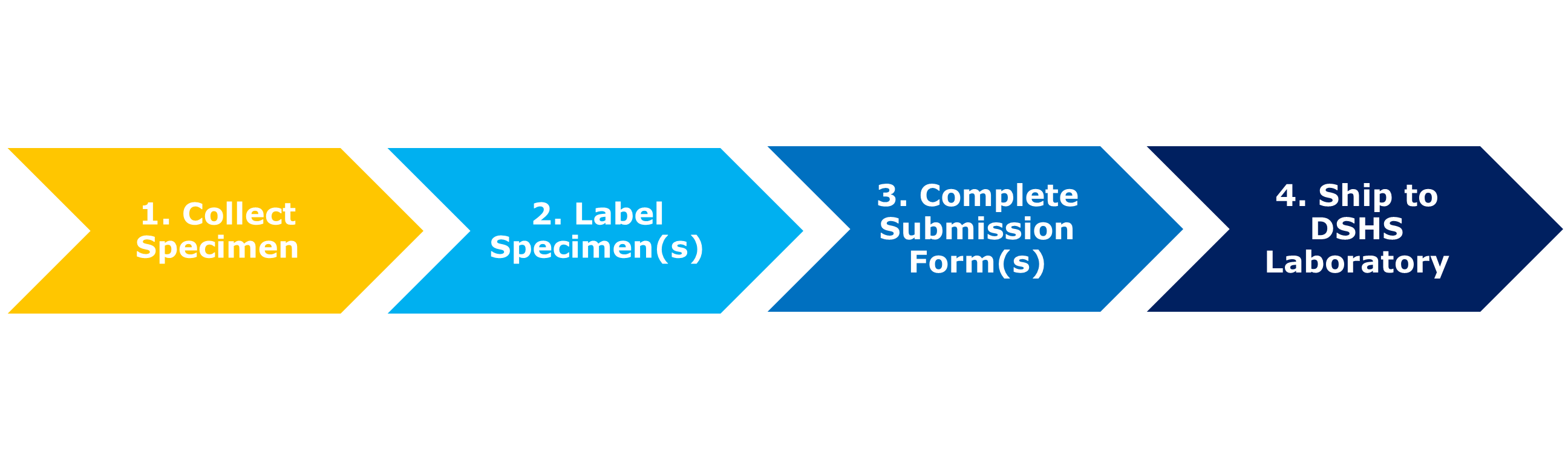 "Graphic of a four step process that lists Specimen Collection, Labeling of Specimen, Completing Submission Forms, and Shipping to Lab as the necessary steps to submitting specimens successfully to DSHS lab"