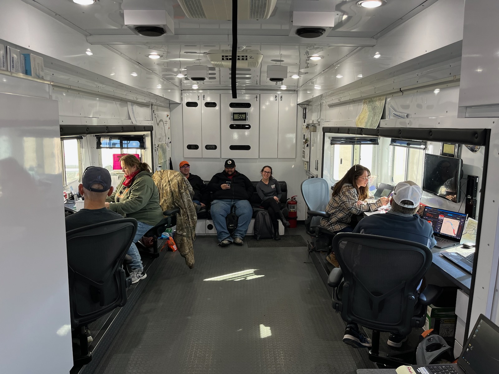 Crew waiting for flight assignments in Command Trailer