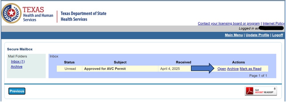 Picture showing AVC permit in secure inbox with arrow showing where to click to open the file