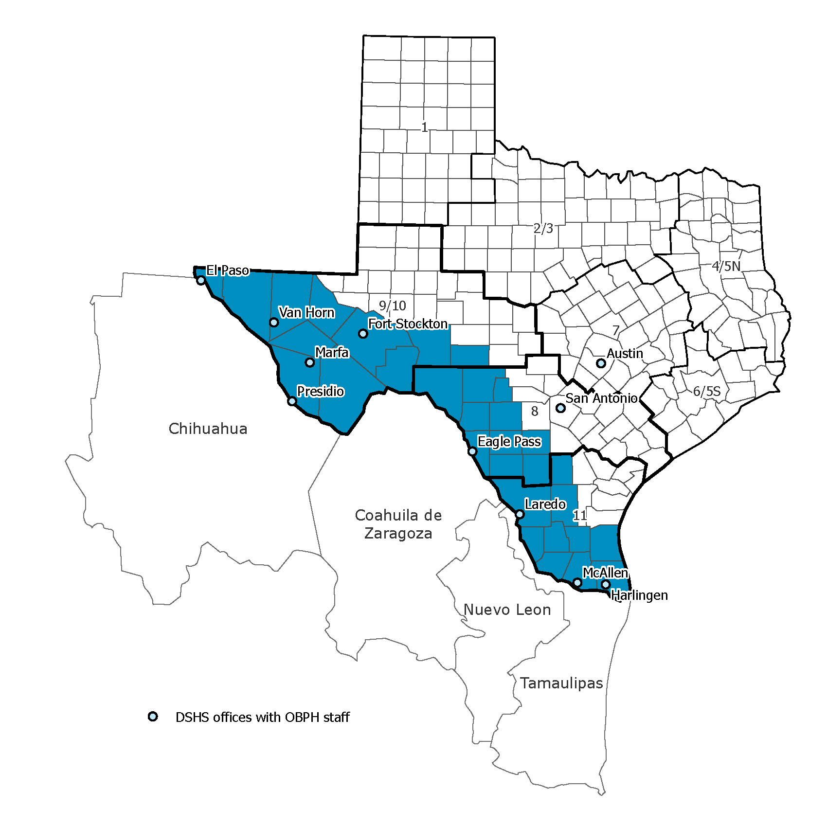 "A map highlights DSHS offices, Texas counties and Mexican states along the Texas-Mexico border"