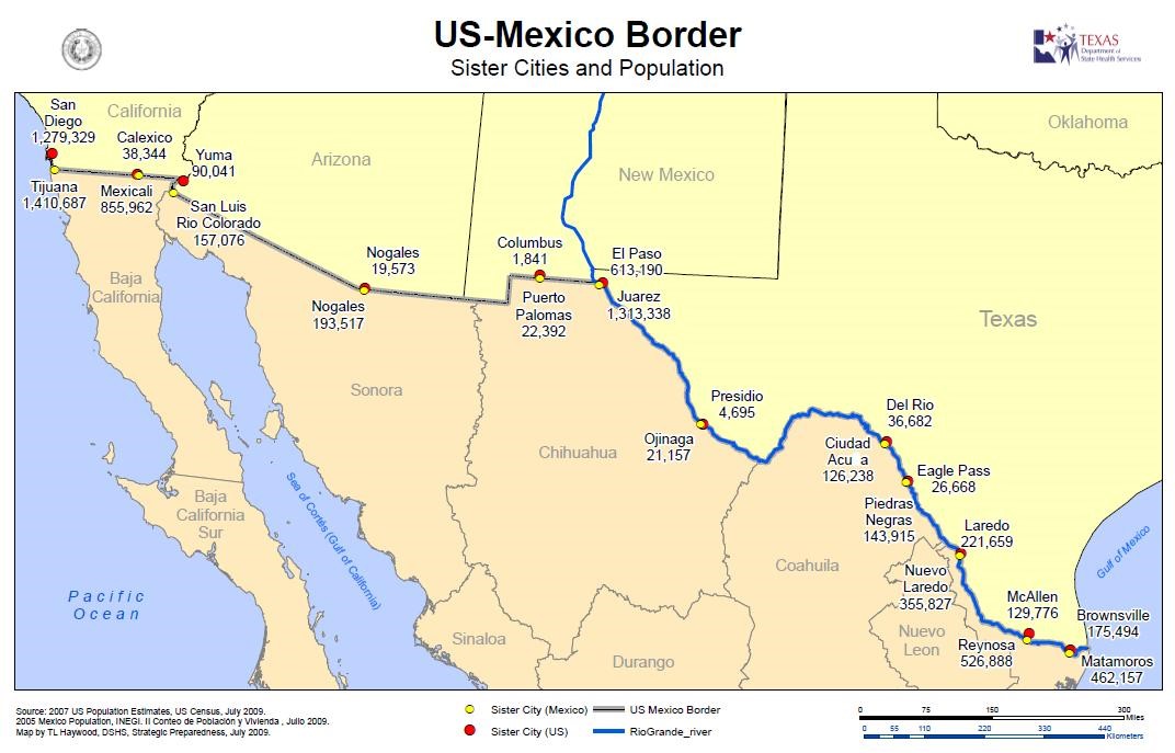 "A map displays sister cities and their population along the Texas-Mexico Border"