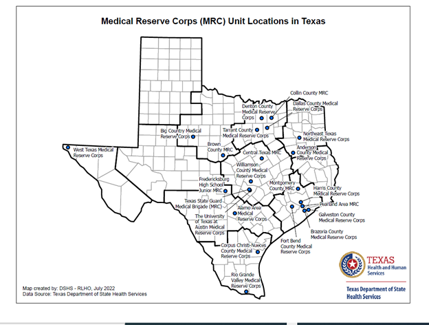 "A map displays the Medical Reserve Corps Unit Locations in Texas"