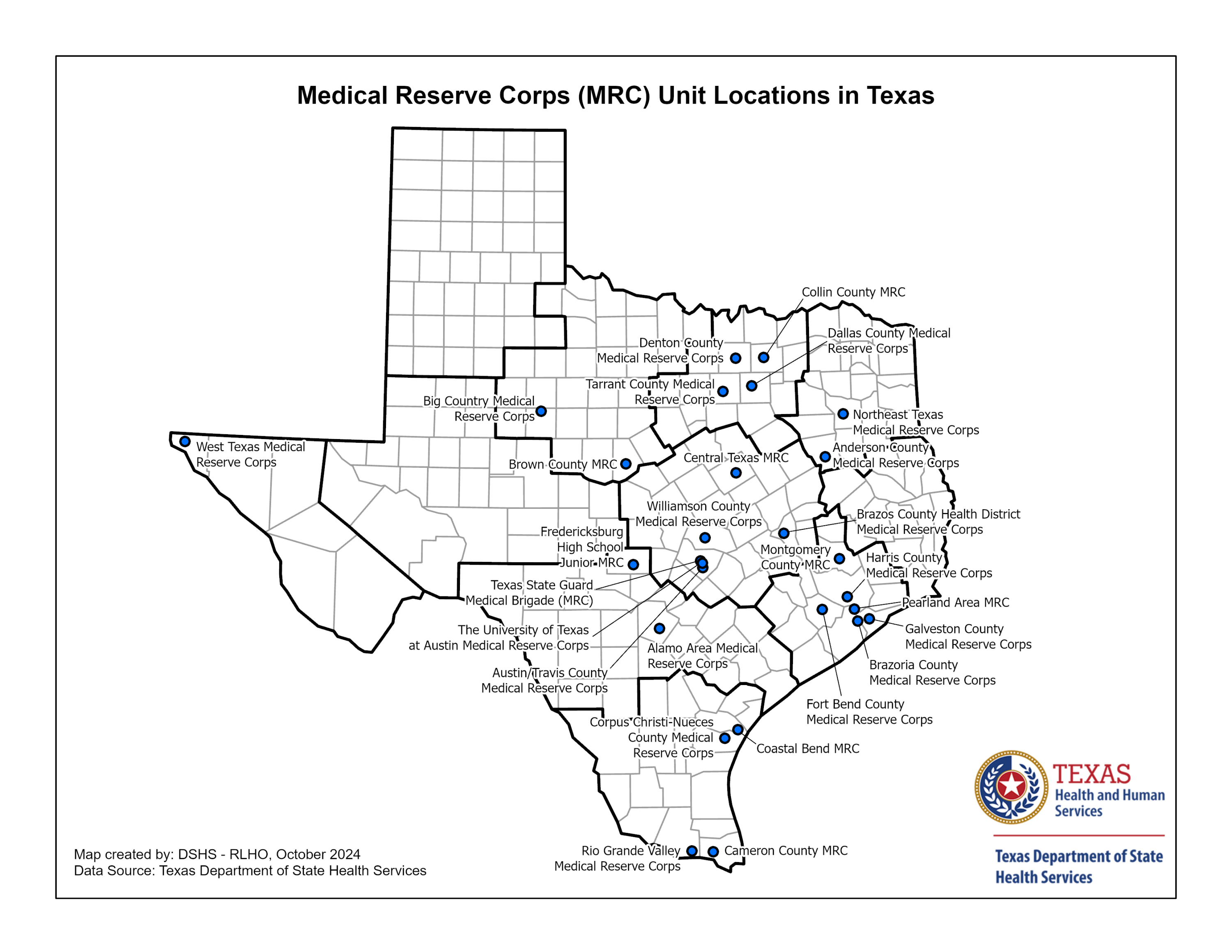 "A map displays the Medical Reserve Corps Unit Locations in Texas"