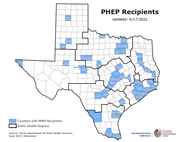 "A map show Texas Counties with PHEP Recipients"