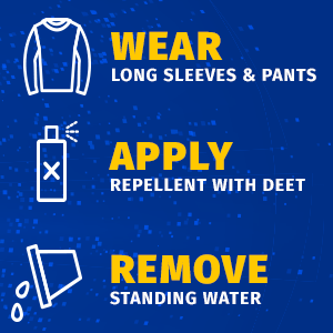 White icons of a long-sleeved shirt, a spray bottle of insect repellant, and a flowerpot being emptied next to the text "Wear Long Sleeves & Pants," "Apply repellant with Deet," and "Remove standing water." 