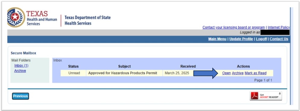 Picture showing an arrow next to the open link to open the registration file in the secure inbox