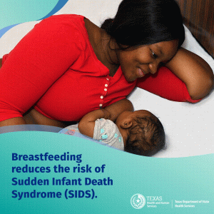 A mother breastfeeding her child. Words displaying Breastfeeding reduces the risk of Sudden infant death Syndrome (SIDS). 