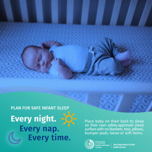 A baby sleeping on his back at night. Words displaying plan for safe infant sleep. Every night. Every nap. Every time. 