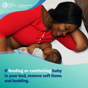 A mother breastfeeding her child. Words Displaying If feeding or comforting baby in your bed, remove soft items and bedding. 