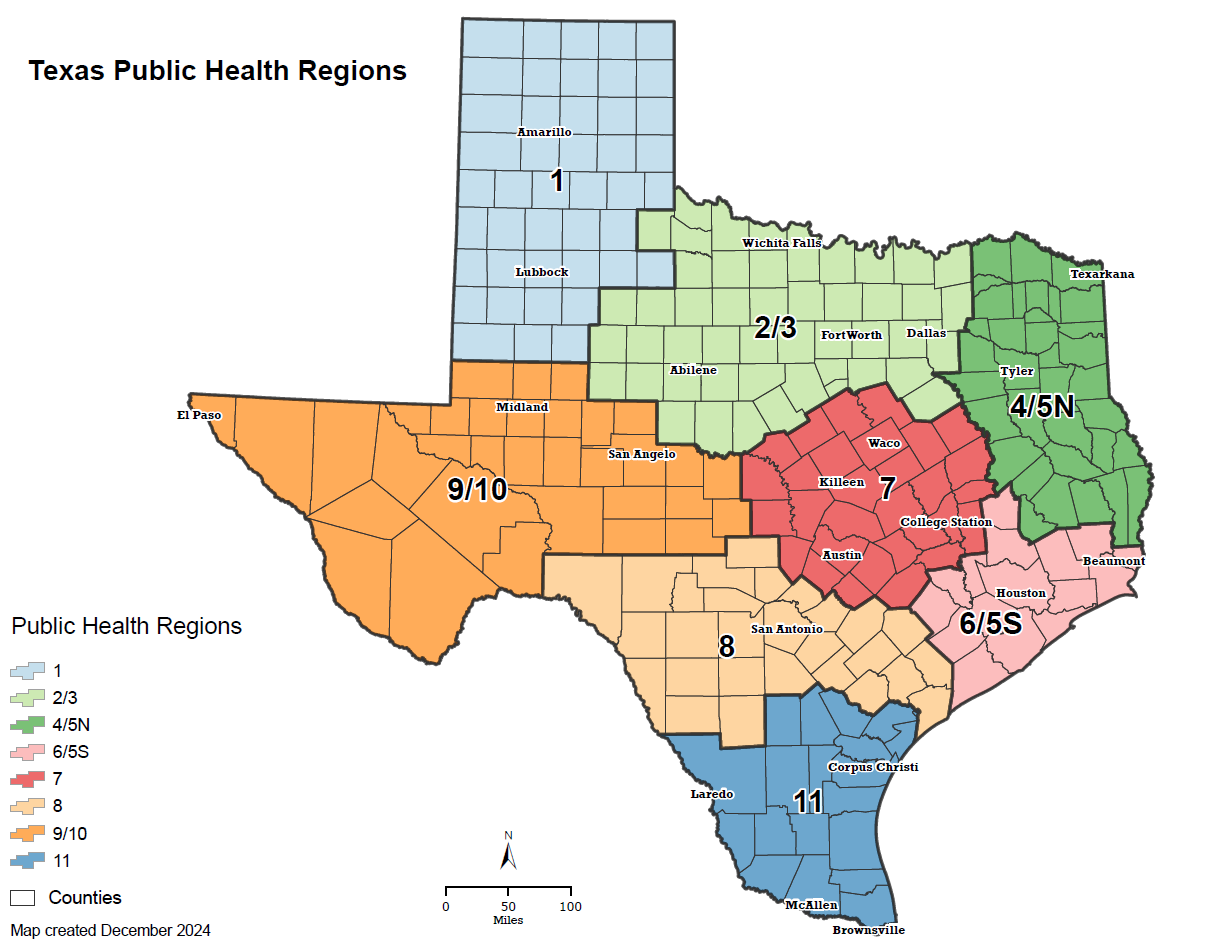 map of the state of Texas displaying the public health regions