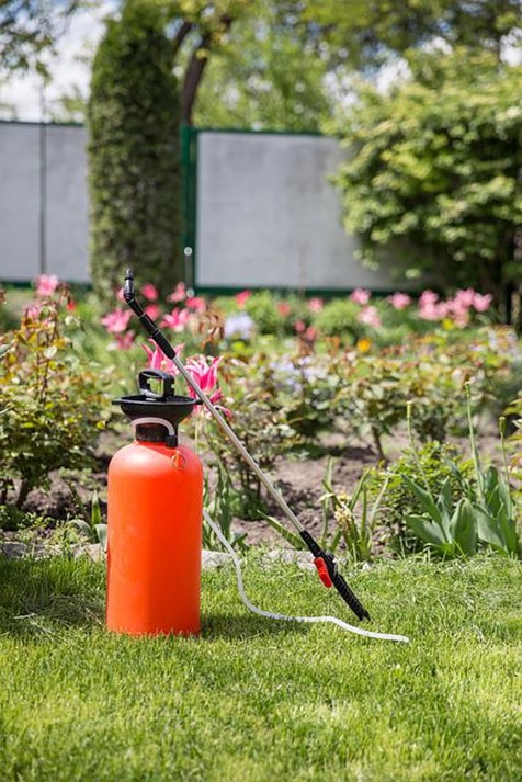 Pesticide sprayer in lawn.