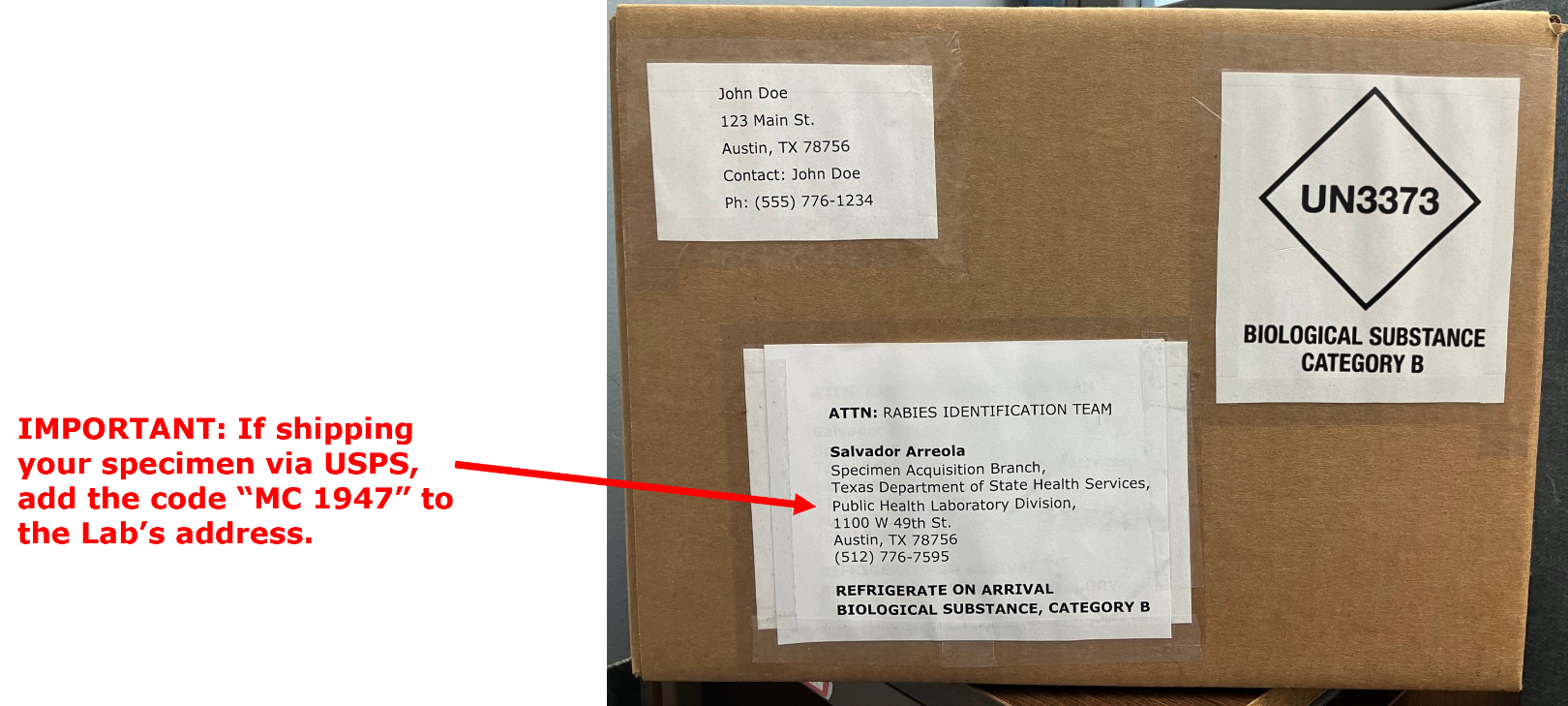 A cardboard box with three white shipping labels taped to one side. Label with submitter contact information is on top left, Lab's address at center, and UN3373 Category B shipping label is at right.