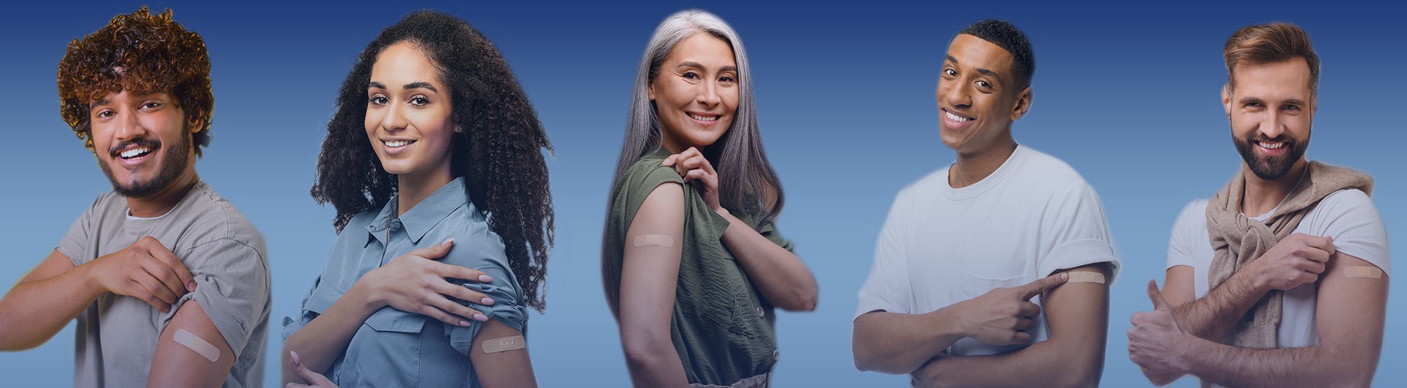 Group of five adults showing off bandaids from recent vaccinations