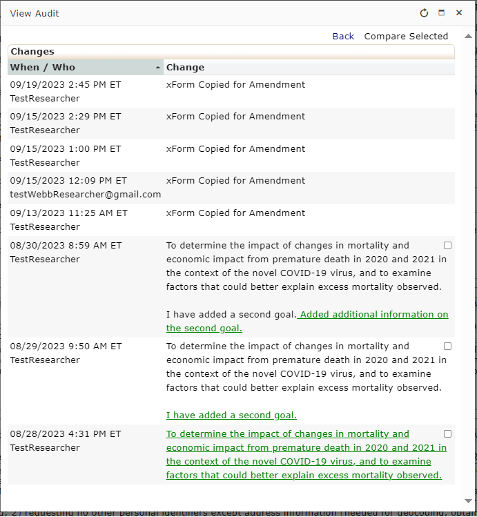 "Screenshot of the Audit Screen Showing Amendments Over Time"