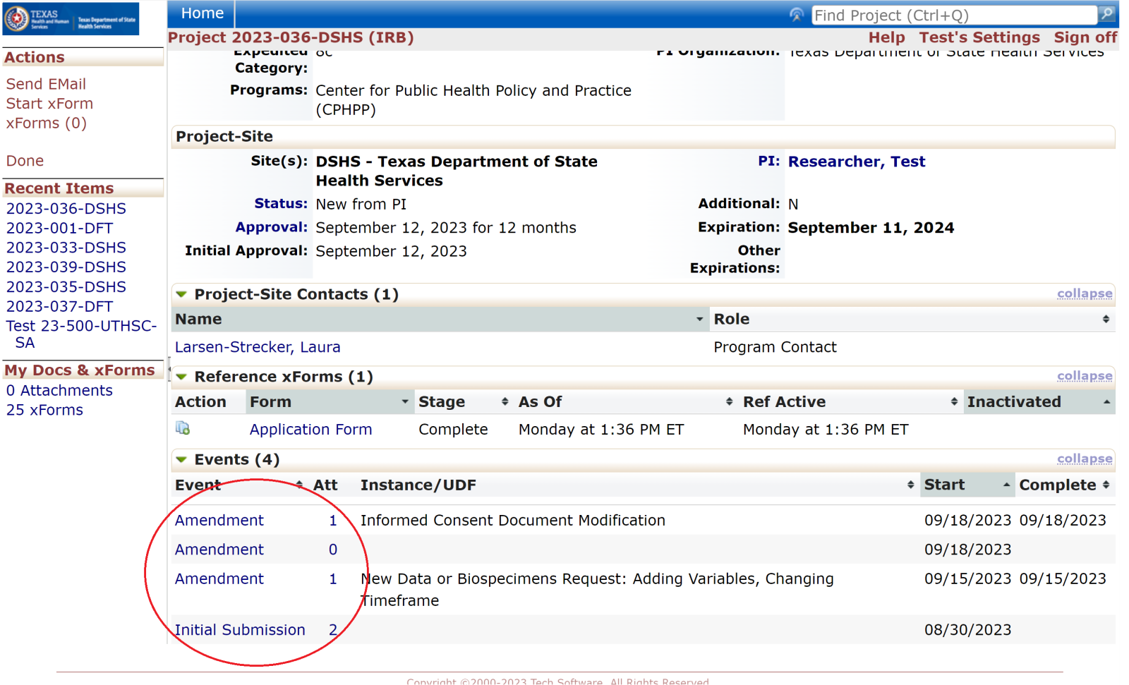 "Screenshot of Events Recorded in the IRB Online System"