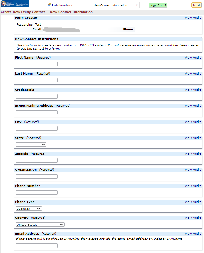 "Screenshot of the Create New Study Contact Form"