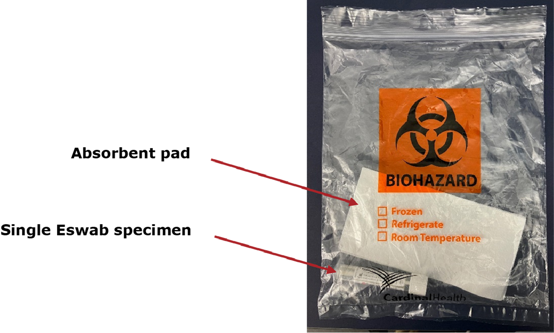 Biohazard bag with illustration of absorbent pad and single eswab specimen