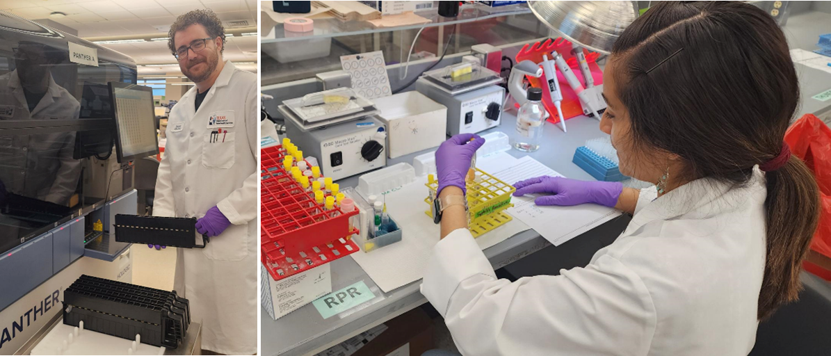 A person in a lab coat loading samples onto a Panther instrument.
