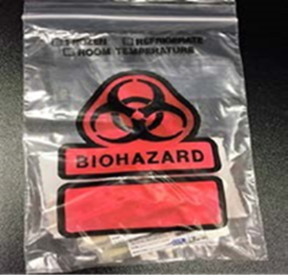 ""A closed, resealable, transparent plastic bag lays on a table top. Two specimen tubes and an absorbent pad are inside the bag. A large orange "Biohazard" symbol is stamped on one side of the bag. Above the symbol the words  "Frozen", "Refrigerate", and "Room Temperature" and a single check box next to each term are stamped on the bag in black type. ""