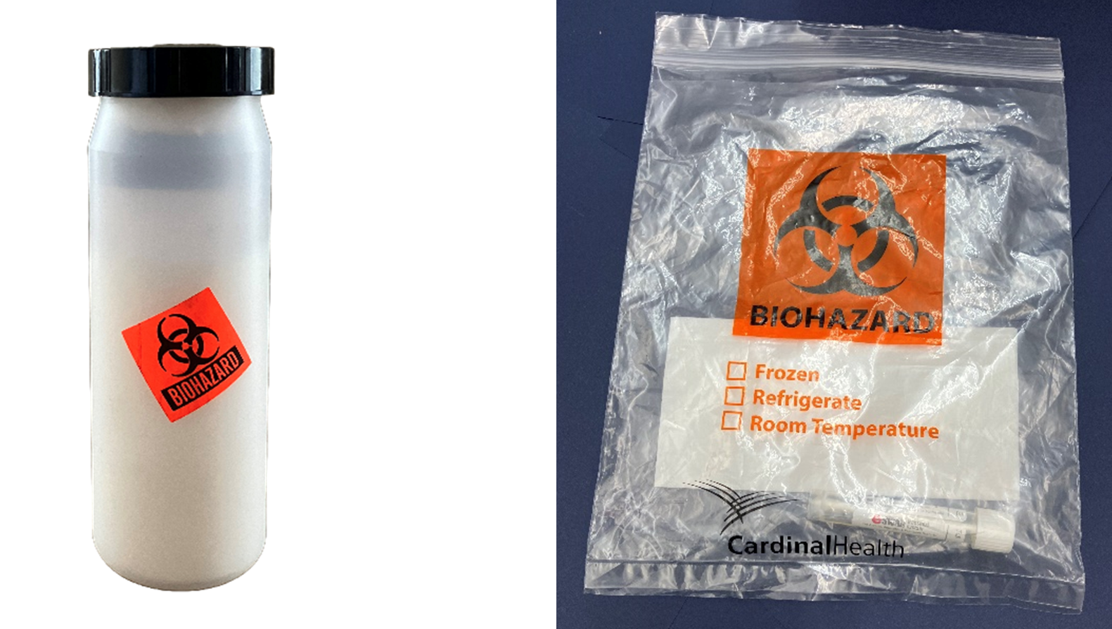 Biohazard bottles one cyclinder and one bag