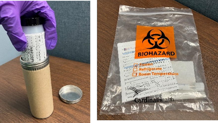 A closed, transparent plastic biohazard bag lays on a table top. A folded specimen submission form, specimen tube, and sheet of absorbent material are inside the biohazard bag. 