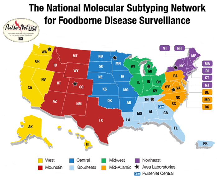 A map of the United States that shows the PulseNet network of foodborne disease surveillance