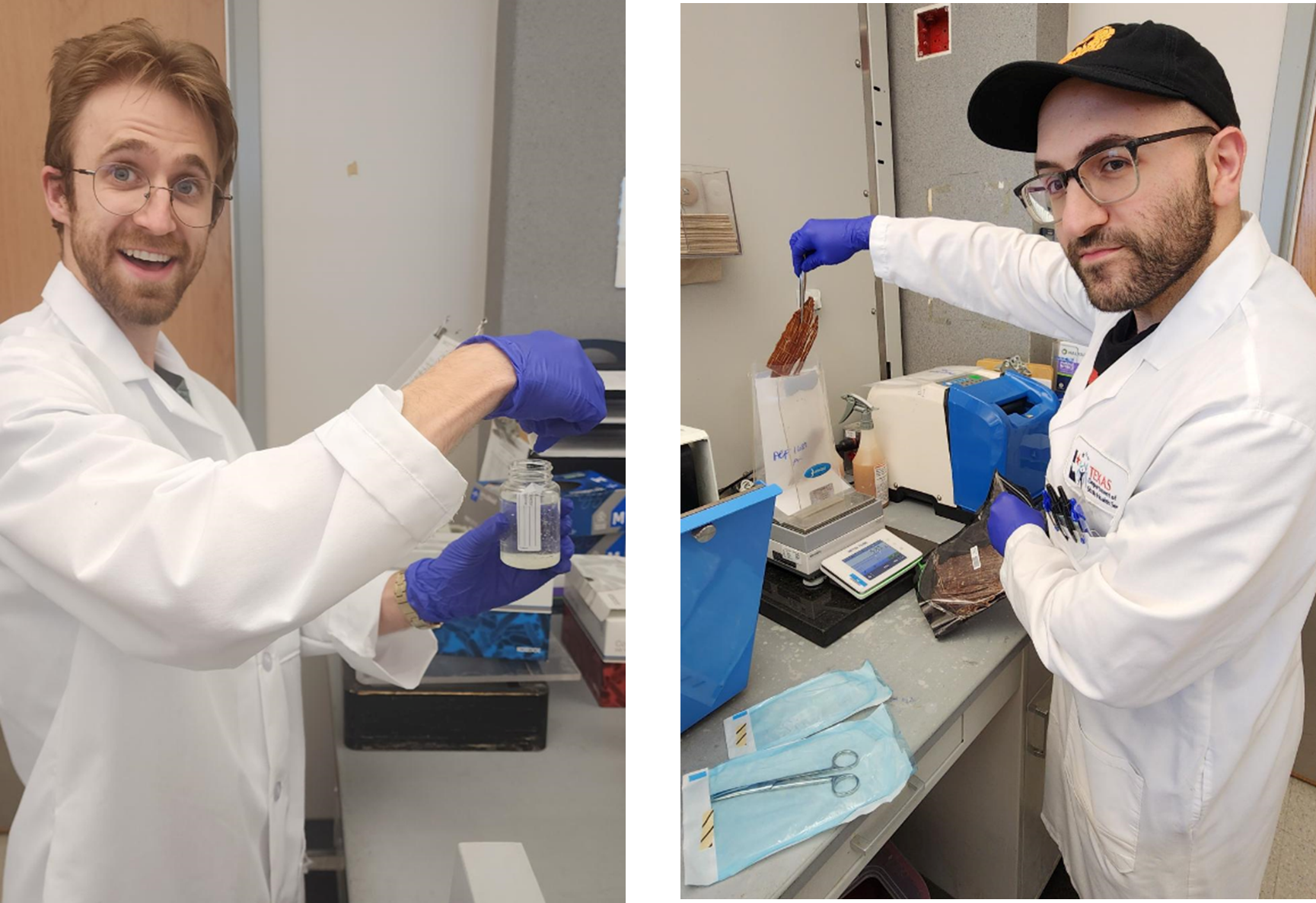 Left to right: Testing potable water for coliforms, and weighing prepackaged jerky to add to a paddle blender (AKA stomacher). Photo by DSHS, 2024