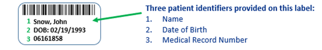 A sample specimen label with a bar code and three patient identifiers: the patient's name, date of birth, and medical record number.