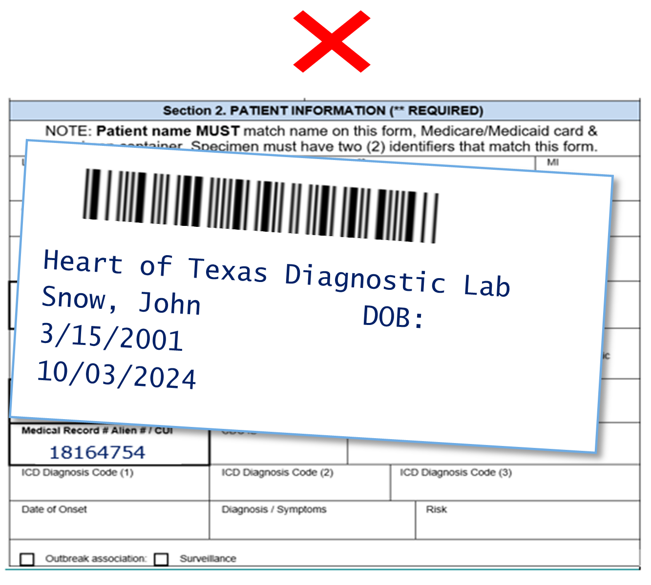 An excerpt from Section 2 of a specimen submission form with sample patient information printed on a label that is placed over the section.  