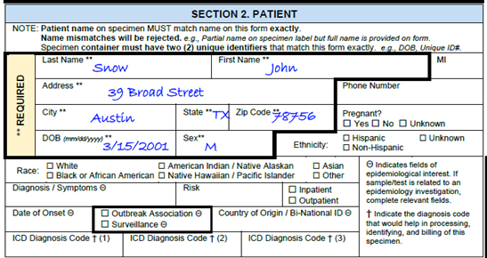 An excerpt from Section 2 of a specimen submission form with sample patient information in required fields. 