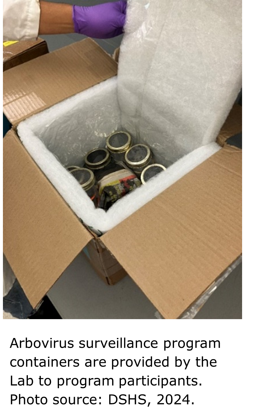 Arbovirus surveillance program containers are provided by the Lab to program participants. Photo source: DSHS, 2024. 